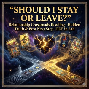 Puede incluir: Imagen con el texto "SHOULD I STAY OR LEAVE?" y "Relationship Crossroads Reading". La imagen presenta cartas del tarot, un corazón brillante y un camino con figuras. Las cartas incluyen "The Lovers", "The Fool", "The Hanged Man" y "Judgment".