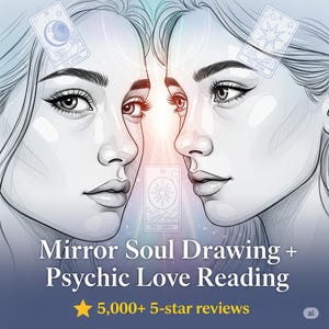 Puede incluir: Ilustración digital de dos rostros espejados con cartas del tarot. Las cartas muestran "The Moon", "The Star" y "The Lovers". El texto dice "Mirror Soul Drawing + Psychic Love Reading" con un recuento de reseñas de 5 estrellas.