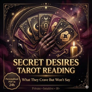 Peut inclure: Image artistique avec des cartes de tarot dorées, une main ornée de bijoux et une bougie allumée. Le texte indique "SECRET DESIRES TAROT READING" et "What They Crave But Won't Say". Une clé et un cristal sont également présents.