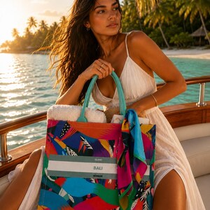 May include: A rectangular tote bag featuring a vibrant, multicolored abstract pattern with shades of blue, pink, orange, and green. The bag has teal handles and a central white horizontal stripe with the text ISLAND BALI NOMADE printed on it.
