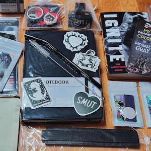 May include: An assortment of stationery and accessories, including a black notebook with stickers, a bookmark that says "My Favorite Color is Morally Gray", and a book titled "IGNITE". Other items include stickers, pens, and a metal straw.