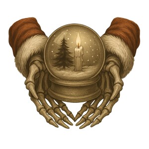 May include: Illustration of skeletal hands holding a snow globe with a lit candle and a Christmas tree inside. The hands are adorned with a red and white Santa hat. The snow globe is set against a white background.