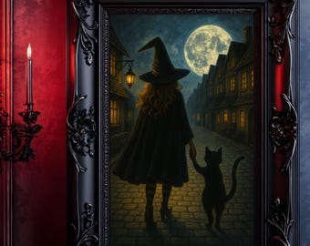 Halloween Digital Download, Witch and Black Cat Wall Art, Gothic Decor