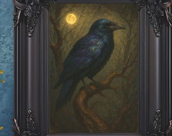Gothic Raven Moon Art Print: Mystical Crow Wall Decor (Digital Download)