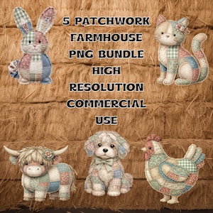 Patchwork Animals PNG Bundle, Farmhouse Quilt Style