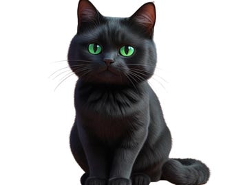 May include: A solid black cat with short, dense fur and bright, vivid green eyes. The cat is sitting in an upright, alert posture, facing forward with its tail curled neatly around its side. It has pointed ears, long whiskers, and a small nose.