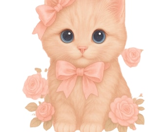 ヴィンテージ水彩子猫プリント - ピンクのバラ、花柄猫アート