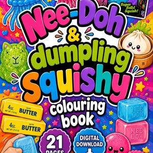 Puede incluir: Un libro de colorear digital titulado Nee-Doh & Dumpling Squishy con 21 páginas. La portada muestra ilustraciones coloridas de juguetes squishy, incluyendo una medusa azul, un gato verde, una empanadilla y mantequilla, con descarga instantánea.