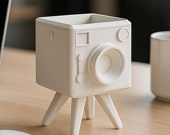 May include: A cream-colored, camera-shaped planter with a square body and a lens-like design. It stands on three small legs and has details like buttons and dials. The planter is on a wooden desk, next to a laptop and a white mug.