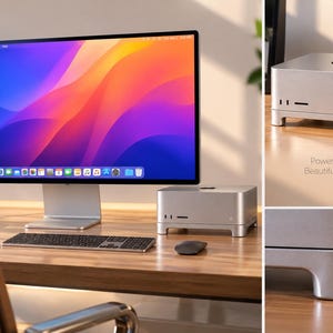 May include: A silver aluminum computer stand with four rounded feet designed to elevate a desktop computer. The stand features a smooth, metallic finish and a minimalist structure, shown supporting a silver computer tower on a wooden desk.