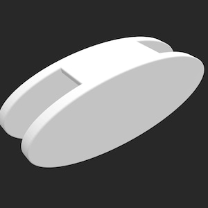 May include: A white, oval-shaped object with a slot cut through the center. The object has a smooth, rounded design and appears to be made of a solid material. The background is a solid dark gray.
