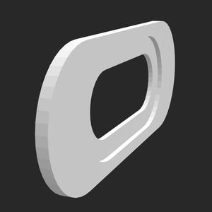 May include: A 3D-rendered, white, abstract shape against a black background. The object has a rounded rectangular outer form with a smaller, similarly shaped hole in the center. The edges are smooth and the overall design is minimalist.