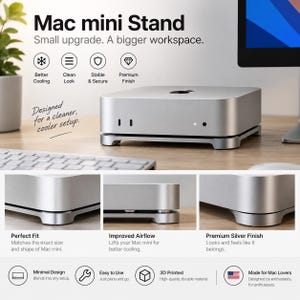 May include: A silver Mac mini stand featuring a smooth, metallic finish designed to elevate the computer for improved airflow. The graphic includes text stating Mac mini Stand, Small upgrade. A bigger workspace, and highlights features like Better Cooling, Clean Look, Stable & Secure, and Premium Finish.