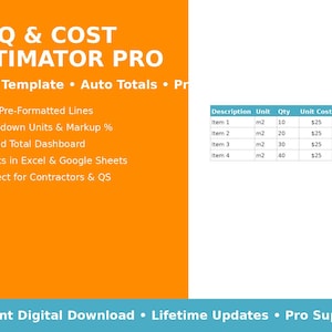 Può includere: Una grafica arancione e bianca che promuove un modello Excel BOQ & Cost Estimator Pro. Le caratteristiche includono 500 righe preformattate, unità a tendina e un dashboard totale generale. Una tabella mostra descrizioni degli articoli, unità (m2), quantità, costo unitario e costo totale.