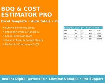 May include: An orange and white graphic promoting a BOQ & Cost Estimator Pro Excel template. Features include 500 pre-formatted lines, dropdown units, and a grand total dashboard. A table shows item descriptions, units (m2), quantity, unit cost, and total cost.