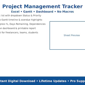 Project Management Tracker Pro – Dashboard di Gantt in Excel, elenco attività, menu a discesa di stato e priorità, date automatiche e progressi – Download immediato