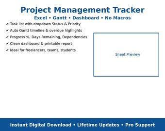 May include: A digital project management tracker, titled "Project Management Tracker" in blue. Features include task lists, Gantt charts, dashboards, and printable reports. The text "Sheet Preview" is visible within a blue-bordered box.