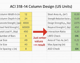 Concrete Column Designer ACI 318-14 One-Page  – Excel & Example Sheets – Auto Pass/Fail