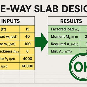Puede incluir: Diagrama que ilustra el diseño de una losa unidireccional con entradas y resultados. Las entradas incluyen la luz, las cargas y el espesor de la losa. Los resultados muestran la carga, el momento y el área de acero requerida. Un símbolo "OK" verde valida el diseño.