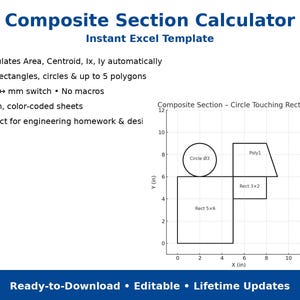 Könnte beinhalten: Eine digitale Vorlage mit dem Titel "Composite Section Calculator" in Blau, mit einem Diagramm geometrischer Formen. Die Vorlage berechnet Fläche, Schwerpunkt usw. Enthält einen Zoll/mm-Schalter und farbcodierte Blätter.