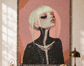 Gothic Portrait Woven Blanket | Skeleton Girl Throw Blanket | Dark Feminine Tapestry Throw | Weird Alt Home Decor