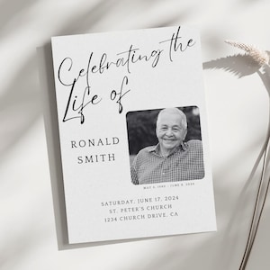 May include: A memorial card with the text "Celebrating the Life of" and the name "RONALD SMITH". Includes a black and white photo of a smiling man. The card also lists the date of birth and death, and the date, time, and location of the memorial service.