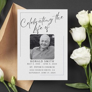 May include: A memorial card with the text "Celebrating the Life of" above a black and white photo of a smiling man. The card includes the name Ronald Smith, birth and death dates, and service details.