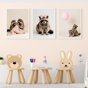 Raccoon Nursery Wall Art Set | Animal Prints | Neutral Baby Room Decor | Cute Forest Animal Printable | Set of 3 Digital Downloads