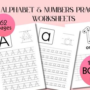 Alphabet & Number Tracing Practice Worksheets for Preschool. A-Z Uppercase, Lowercase and Numbers 0-9. Printable PDF or PNG.