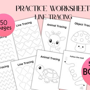 Könnte beinhalten: Eine Sammlung weißer Übungsblätter zum Linienverfolgen mit verschiedenen Formen, Tieren und Objekten. Die Arbeitsblätter enthalten den Text "Practice Worksheets Line Tracing", "50 pages" und "5 FREE BONUS pages".