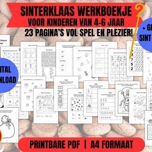May include: A collection of printable activity pages for children aged 4-6, featuring games and puzzles with a Sinterklaas theme. Includes a free Sint Bingo game. The digital download is in A4 format.
