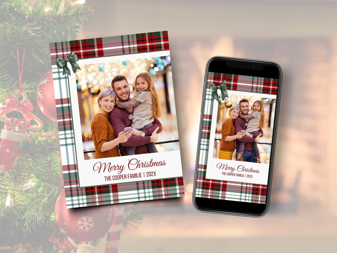 Plaid Christmas Photo Card Template, Editable Holiday Card (digital