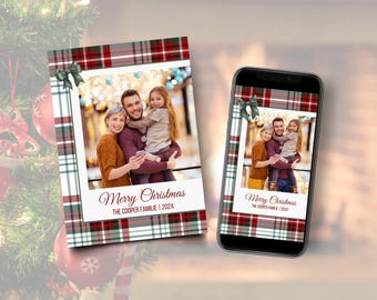 Plaid Christmas Photo Card Template, Editable Holiday Card (Digital Download)