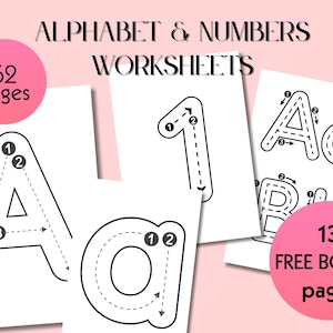 Alphabet & Number Tracing Worksheets for Preschool. A-Z Uppercase, Lowercase and Numbers 0-9. Printable PDF or PNG.