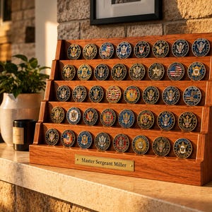 May include: A tiered wooden display rack featuring five rows of circular challenge coins. The stand is crafted from polished wood and includes a rectangular brass nameplate at the base engraved with the text Master Sergeant Miller.
