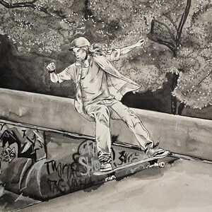 Original India Ink Skateboarder Art - Matted 16x20