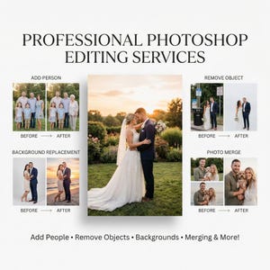 May include: Image advertising professional Photoshop editing services. Examples include adding people, removing objects, background replacement, and photo merging. The text reads: "PROFESSIONAL PHOTOSHOP EDITING SERVICES" and "Add People • Remove Objects • Backgrounds • Merging & More!"