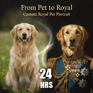 May include: Digital artwork showing a Golden Retriever in two styles: a natural pose and a regal portrait in a military uniform. The image includes the text "From Pet to Royal", "Custom Royal Pet Portrait", and "24 HRS" in white.
