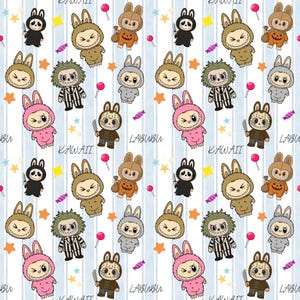 Halloween Labubu Monsters Seamless Pattern: Kawaii PNG Digital Paper (PDF File)