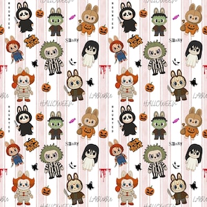 Labubu Monsters Halloween Seamless Pattern, Labubu PNG, Labubu Sublimation, Repeating Pattern, Kawaii Labubu Surface Pattern, Digital Paper