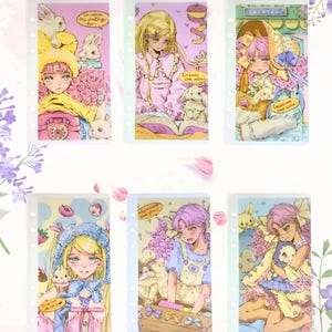 May include: Six rectangular planner inserts featuring anime-style illustrations of characters with rabbits, flowers, and pastel colors. Each card has punched holes on the left side and includes small speech bubbles with text like So what ru waiting for.
