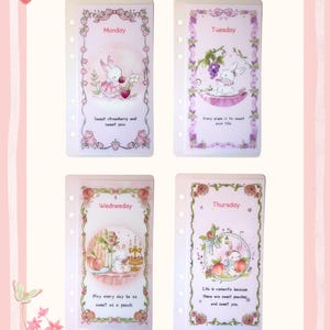 May include: Four rectangular planner inserts with punched holes on the left side. Each features a day of the week, a white rabbit illustration, and text: Monday with strawberries, Tuesday with grapes, Wednesday with peaches, and Thursday with peaches.