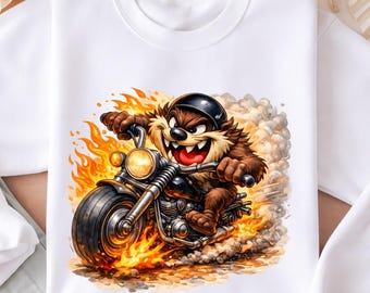 Cartoon Biker Motorcycle Design, Flaming Chopper Rider PNG (Digital Download)