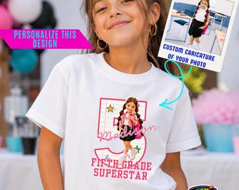 Personalized Fifth Grade Caricature Shirt, Custom 5th Grade Kids Back to School Tee