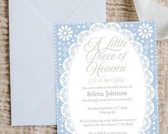 Blue Baby Shower Invitation Boy: A Little Piece of Heaven, Editable Canva Template (Digital Download)