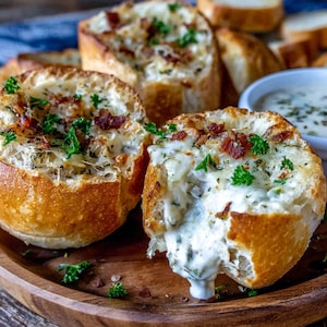Puede incluir: Primer plano de cuencos de pan rellenos con una mezcla cremosa y con queso, cubiertos con trozos de tocino y perejil fresco. El pan es dorado y crujiente, con el relleno desbordando. Un plato de madera sostiene los cuencos, sugiriendo un aperitivo abundante.