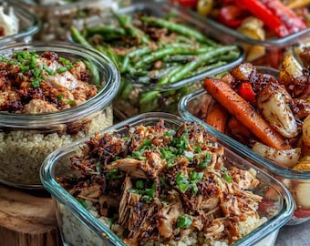Puede incluir: Una colección de recipientes de vidrio llenos de varias comidas preparadas. Las comidas incluyen quinua, pollo, judías verdes, zanahorias y otras verduras. La comida está adornada con hierbas frescas y parece lista para comer.
