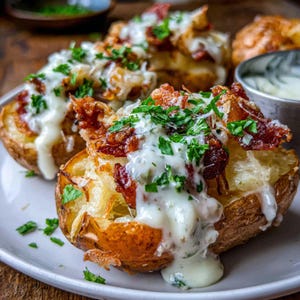 Puede incluir: Primer plano de patatas al horno rellenas sobre un plato blanco. Las patatas están cubiertas con queso derretido, tocino crujiente, una salsa blanca cremosa y hierbas verdes frescas. Un pequeño cuenco de salsa es visible en el fondo.