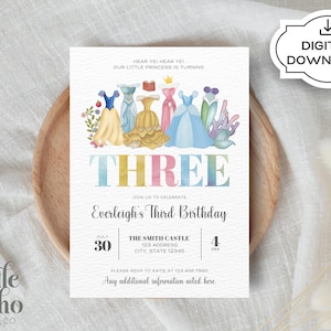 Disney Princess Birthday Invitation, Third Birthday, Disney Princesses, Digital Download, First Birthday, Second Birthday, Fifth Birthday