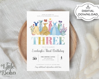 Disney Princess Birthday Invitation, Third Birthday, Disney Princesses, Digital Download, First Birthday, Second Birthday, Fifth Birthday